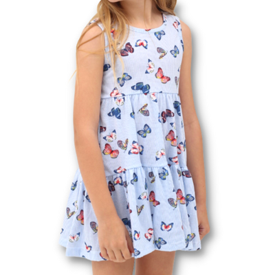 Vestido Celeste Rayado Mariposas