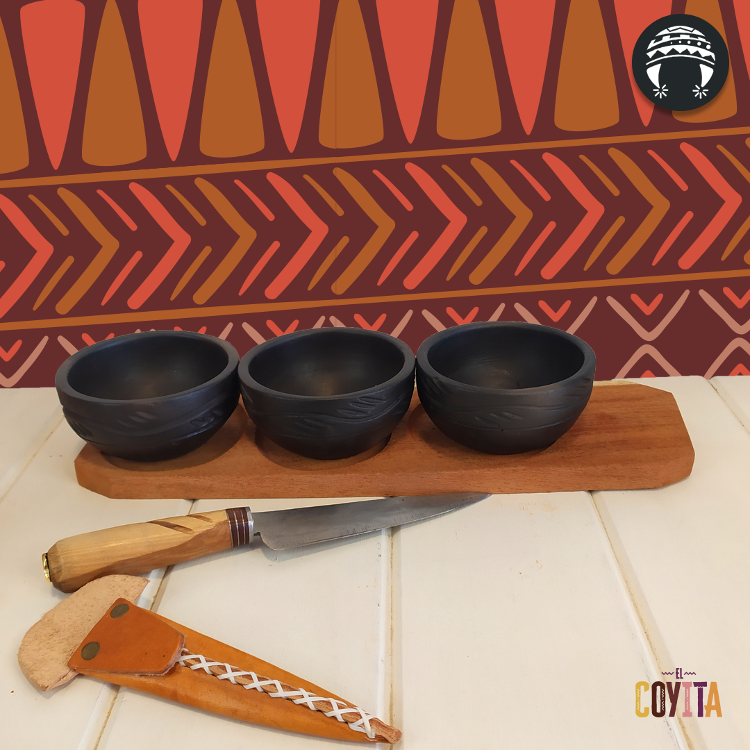 Tabla de picada + 3 cuencos negros tallados (opcional, cuchillo campero) |  el coyita